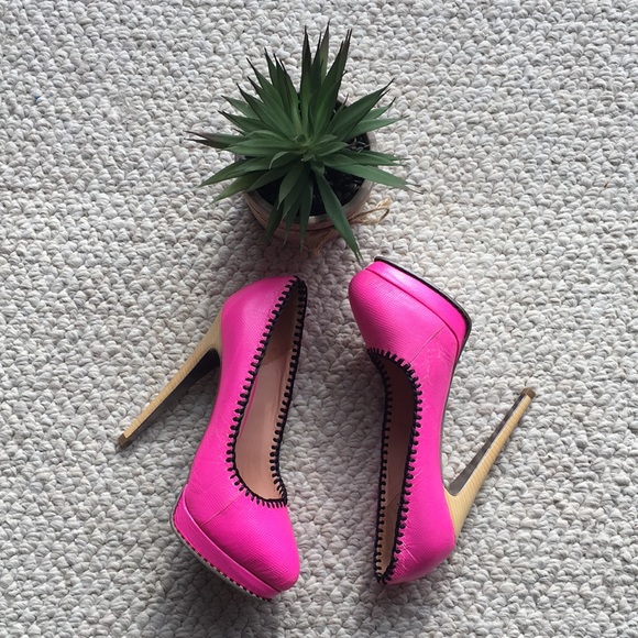 Loewe Shoes - LOEWE Hot pink heels with black stitches.